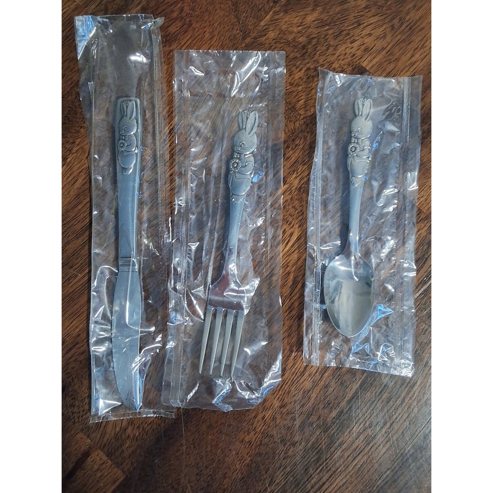 Vintage Oneida Community Stainless Child Flatware Set 3pc Bunny Rabbit NOS